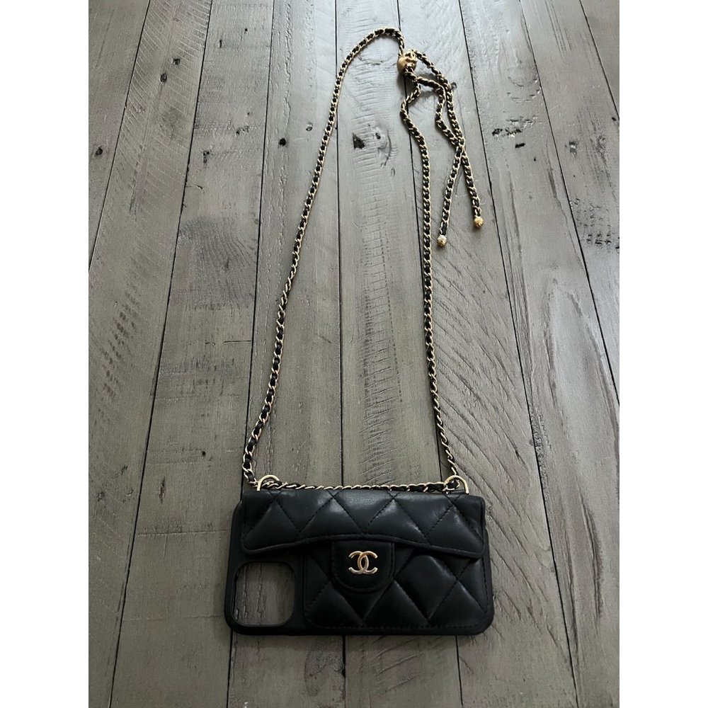 CHANEL Lambskin Quilted iPhone XII Pro Holder With Chain Black